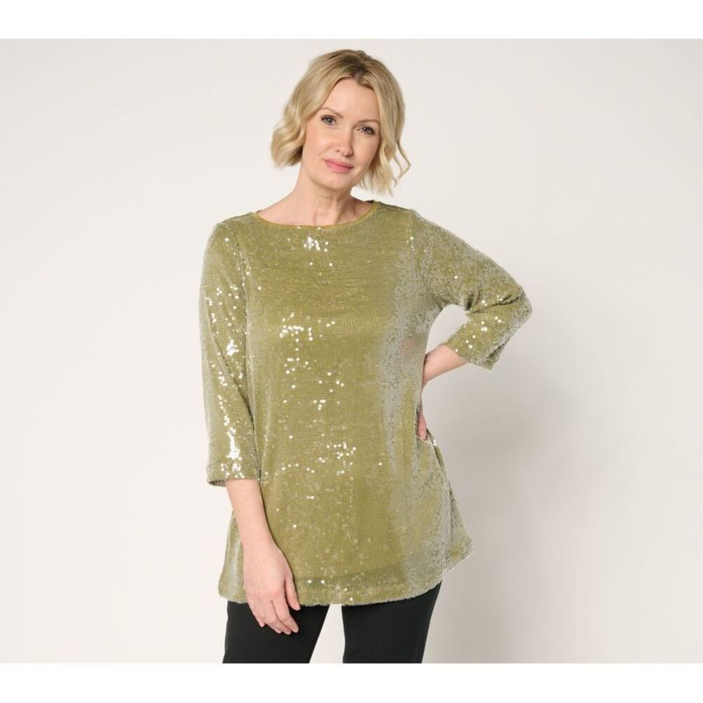 by Stacy London Women's Top Sz XL Sleeve Lined Sequin Tunic Green